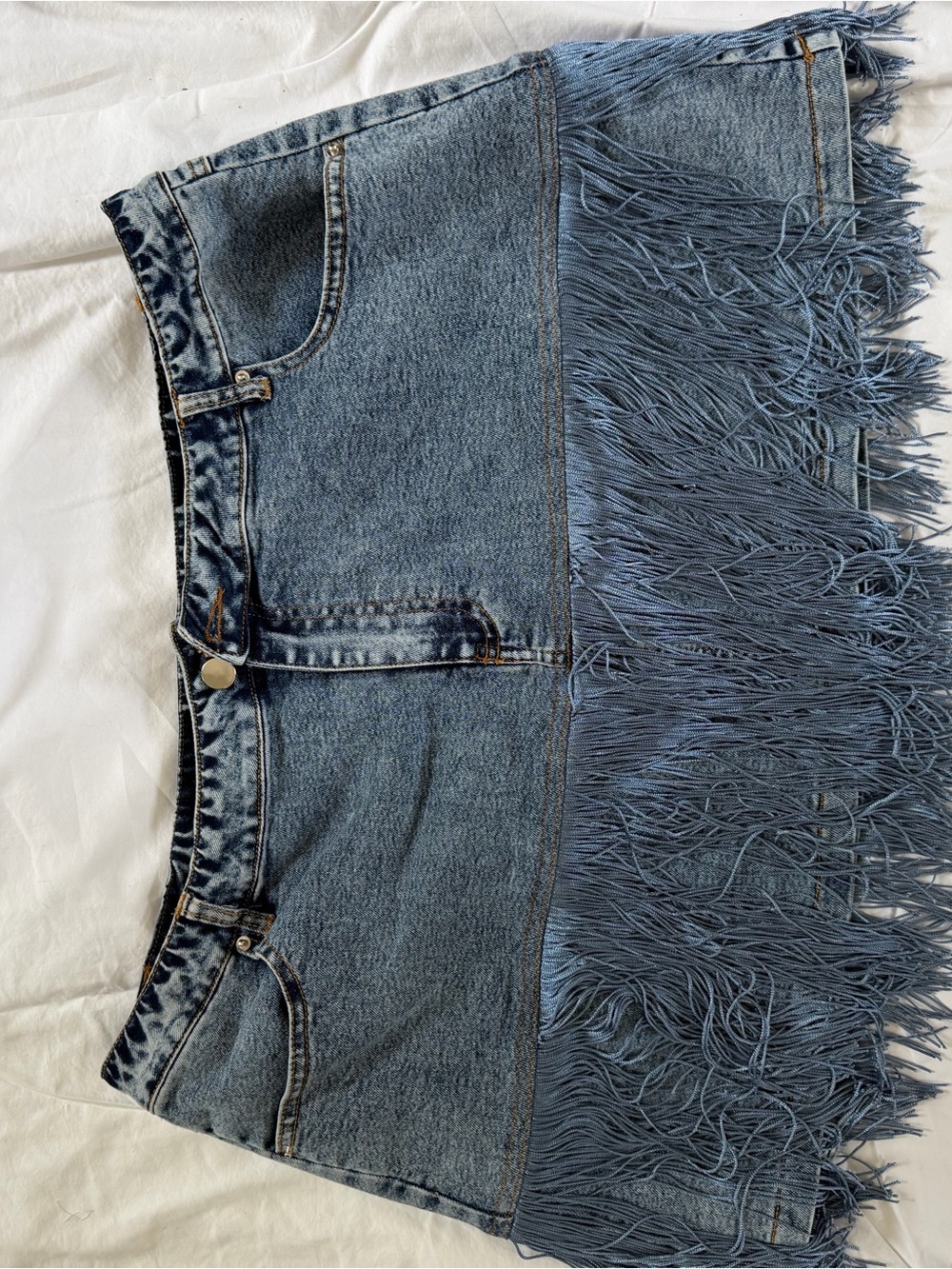 Fashion Nova Blue Denim Fringe Mini Skirt